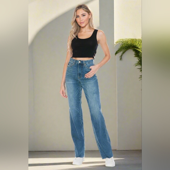 Judy Blue Tummy Control High-Rise Boyfriend Jeans Straight Leg Raw Denim Pants - Picture 3 of 16